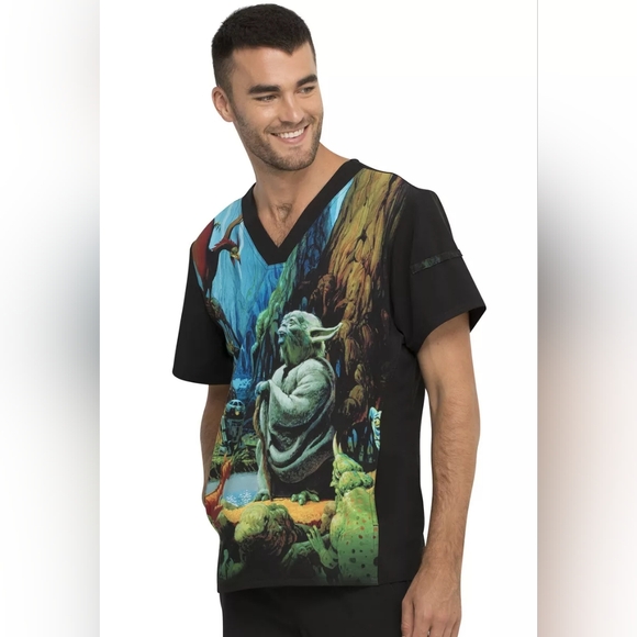 Yoda Cherokee Scrubs Tooniforms Star Wars Mens V Neck Top TF708 SRJM - Size M - Picture 3 of 7